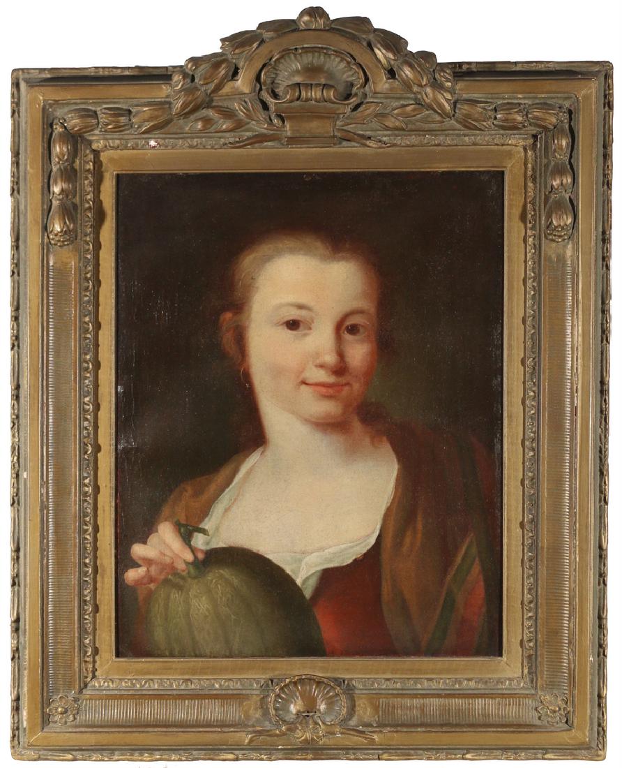 CONTINENTAL SCHOOL, 19TH CENTURY: Portrait of a woman holding a gourd oil on canvas h. 18-1/2 w. 14-1/2 in. overall: 27 x 21-3/4 in. no apparent signature, in a gilt composition frame