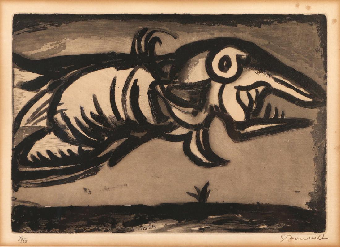GEORGES ROUAULT (French, 1904-2002): 'Dragon Volant', 1928 from Reincarnations du Pere Ubu, etching and aquatint, no. 92/225, signed in brown pen and numbered in black pen lower margin, framed h. 8-1/2 w. 12-1/8 in. (plate) overall: 18 x