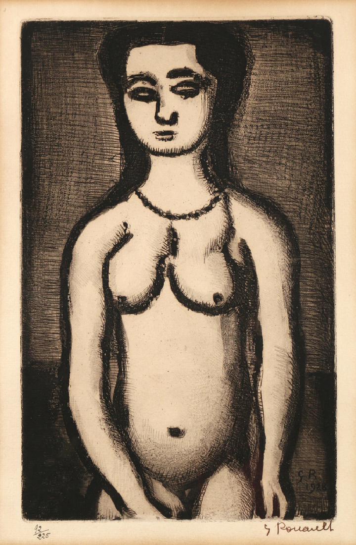 GEORGES ROUAULT (French, 1904-2002): 'Fille Nu' from Reincarnations du Pere Ubu, etching, ed. 92/225, signed in brown ink and numbered in black ink lower margin h. 10-1/2 w. 6-1/2 in. (plate) overall: 20-1/4 x 16-1/4 in. Condition: mat t
