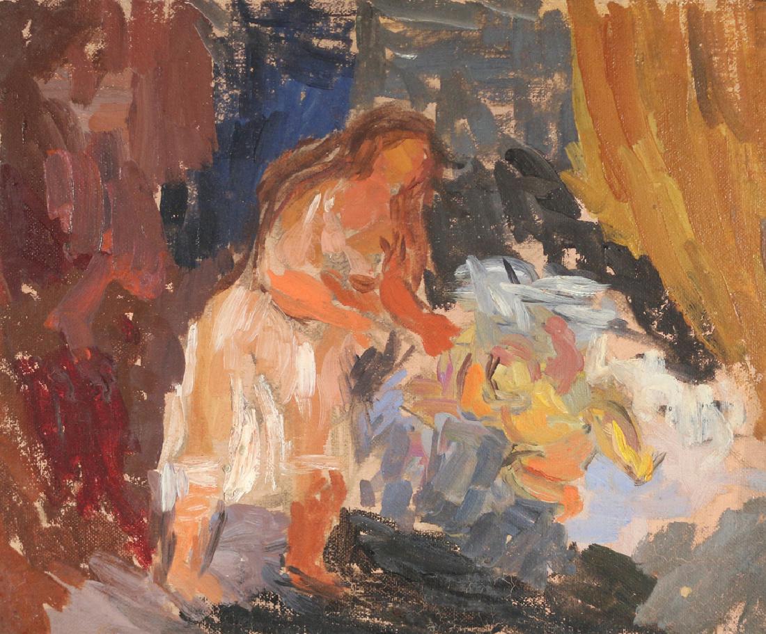 EUGENIE BAIZERMAN (American, 1899-1949): Mother leaning toward baby on bed oil on canvasboard h. 8 w. 10 in. overall: 15-1/2 x 17-1/4 in. 1939, titled, signed, and dated on verso