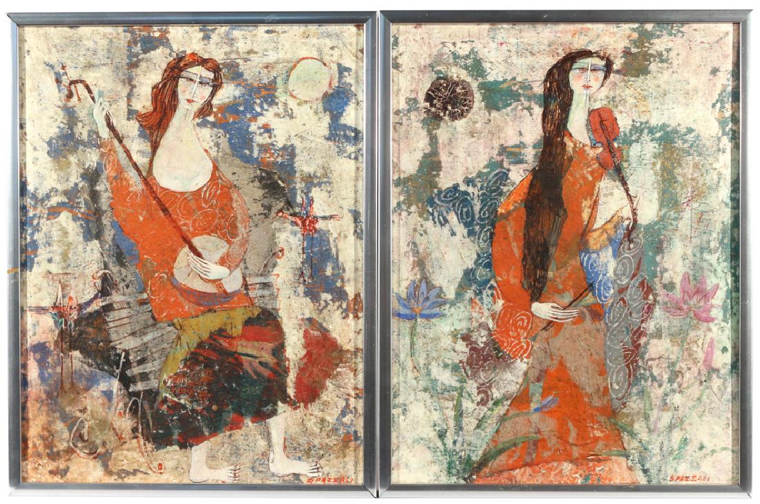 (2pc) LUCIANO SPAZZALI (Italian, 1911-): Two portraits of females oil on board h. 11-1/2 w. 8-3/4 in. (each) one titled 'Figura', the other 'Figura con Violin', each signed lower right, signed and titled on verso