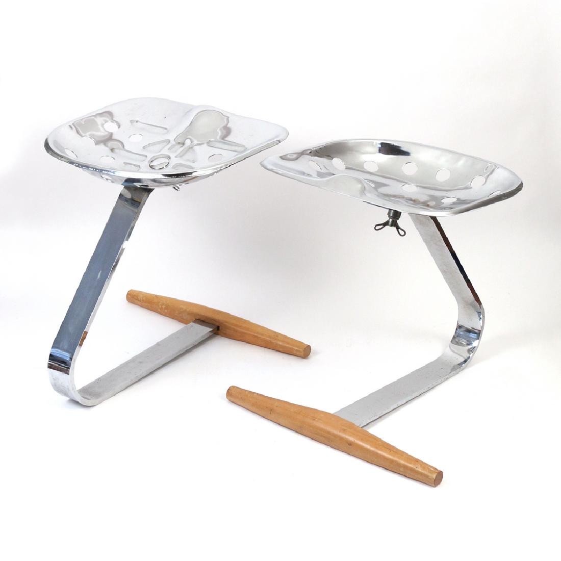 (2pc) PAIR ZANOTTA MEZZADRO STOOLS: Achille and Pier Castiglioni for Zanotta, cantilevered form of a chrome tractor seat over a chromed sprint-steel and wood base; marked MEZZADRO - Design: A. Castiglioni h. 21 w. 19-1/2 d. 16 in. Condi