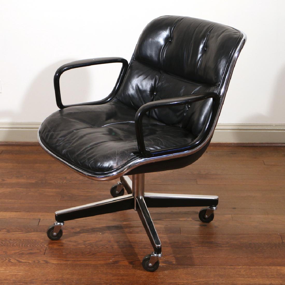 CHARLES POLLOCK FOR KNOLL OFFICE CHAIR: Metal, plastic, & leather, swivel base on casters, with Knoll International label