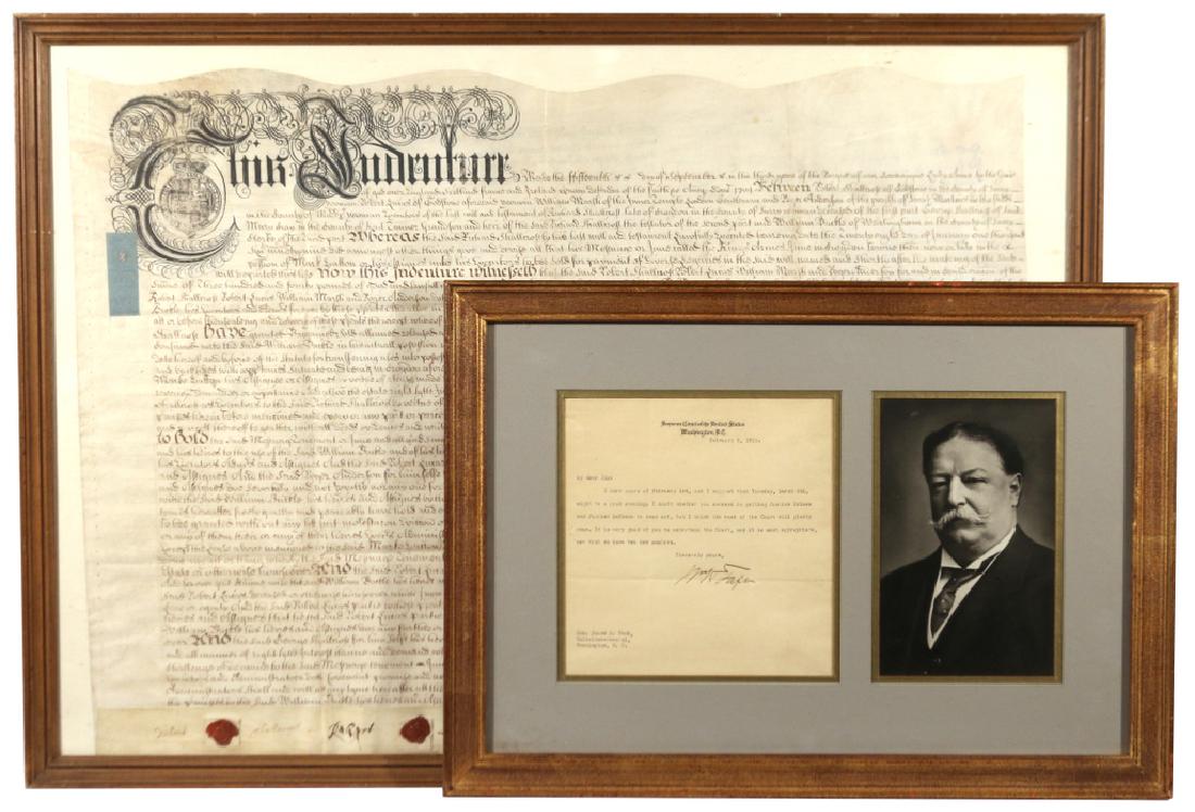 (2pc) HISTORICAL DOCUMENTS: including a Queen Anne era British legal document dated 1704, and a William Taft signed type-written letter dated February 5, 1923, addressed to James M. Beck, solicitor-general, discussing a future n