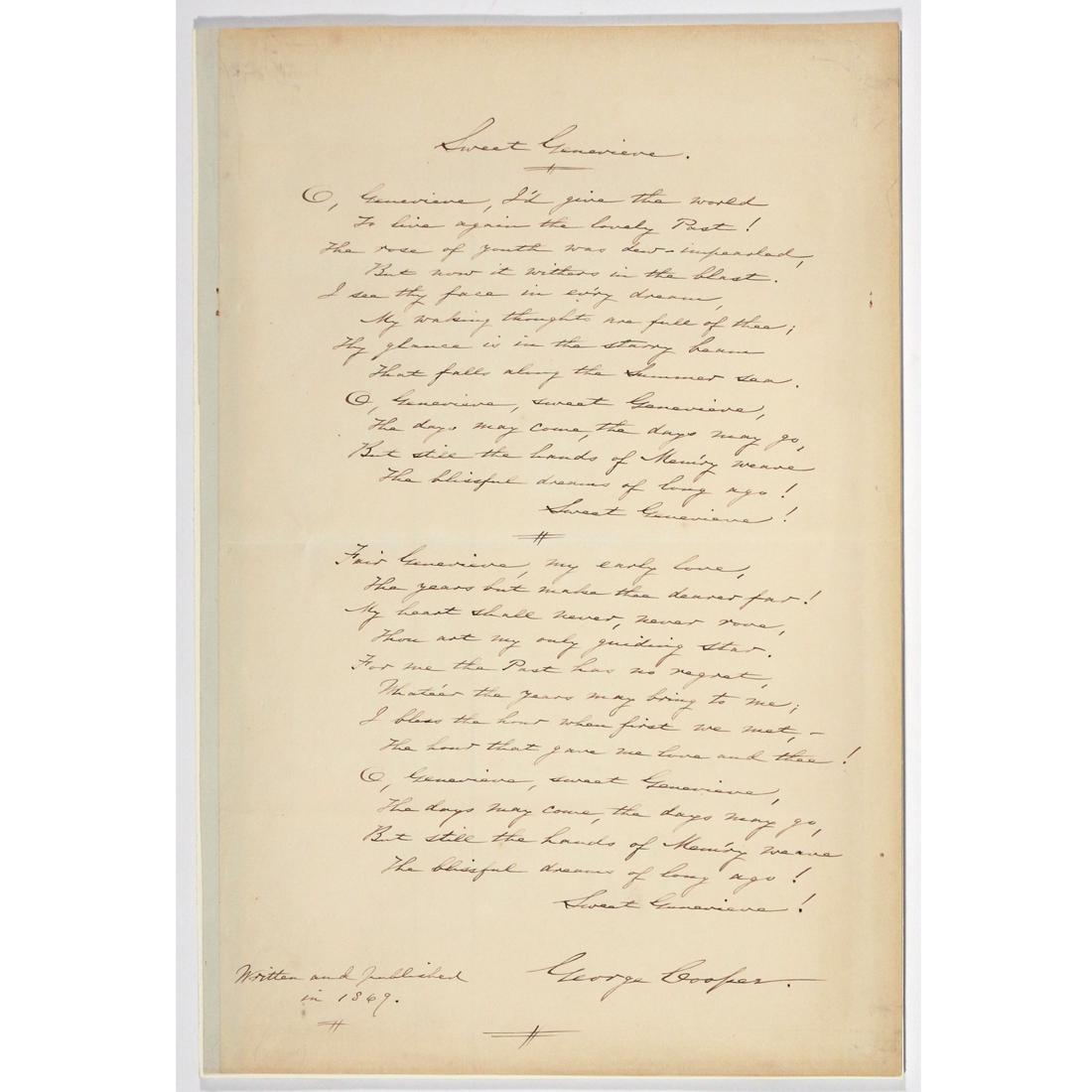 COOPER, GEORGE (1840-1927): Manuscript fair copy of 'Sweet Genevieve', signed lower right and inscribed 'written and published 1869' lower left, pen on the back of a sheet of lined ledger paper, 13-7/8 x 9 in. Condition: [with c