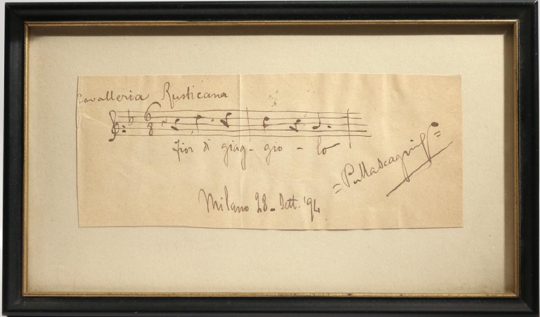 PIETRO MASCAGNI AUTOGRAPH MUSICAL QUOTATION: showing the first two bars of Lola's aria 'Fior di Giaggiolo' from his opera Cavalleria Rusticana, signed and dated 'Milano 28 Sett. '94', framed h. 2-5/8 w. 6-3/8 in. overall: 5-1/4 x 8-3/4 in. Condi