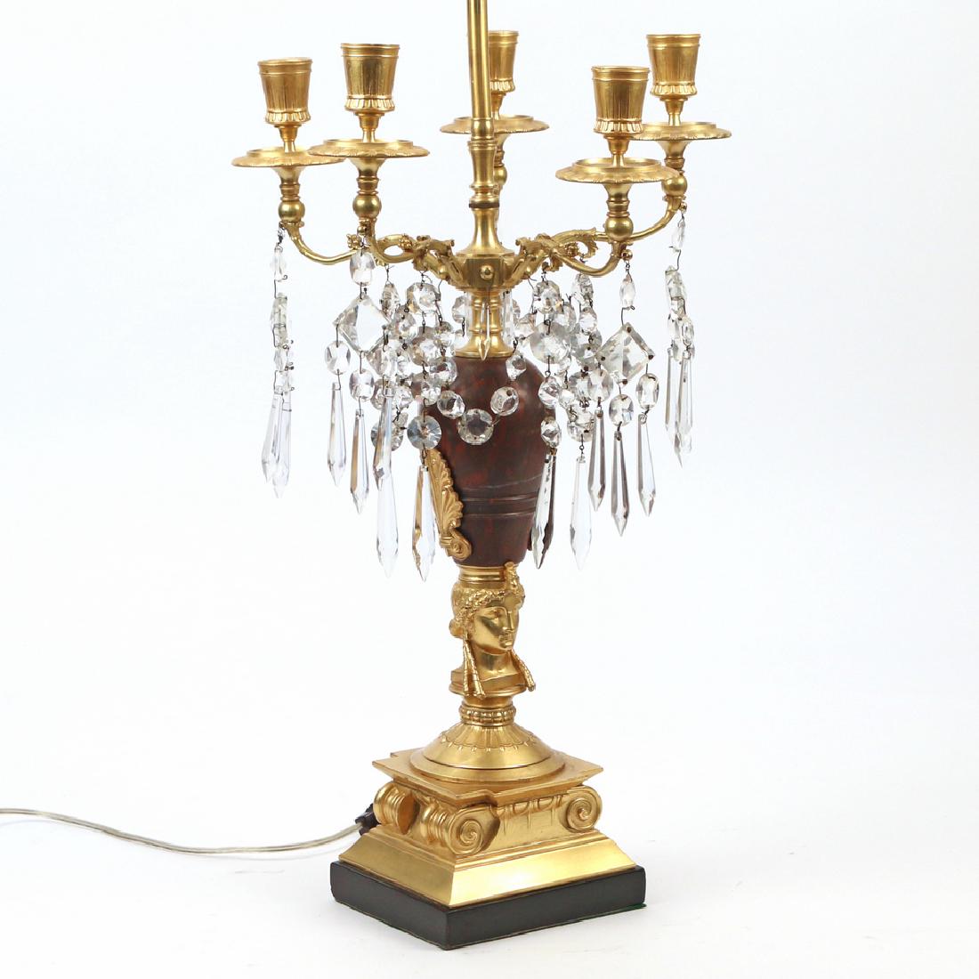 LOUIS PHILIPPE ORMOLU & MARBLE CANDELABRA: mid 19th Century, in the Empire style, with red marble standard and crystal drops, mounted as a lamp with removable extender h. 34-1/2 in. Condition: some firing cracks at junctures of arms; one arm r