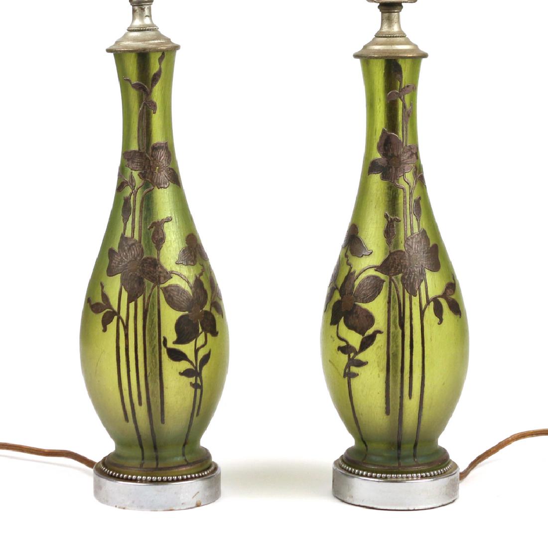 SILVER OVERLAY LOETZ STYLE VASES: Late 19th century, mounted as lamps, electrified h. 10-1/2 in. (vase) overall: 15 in. Provenance: By descent through a New Canaan, CT family