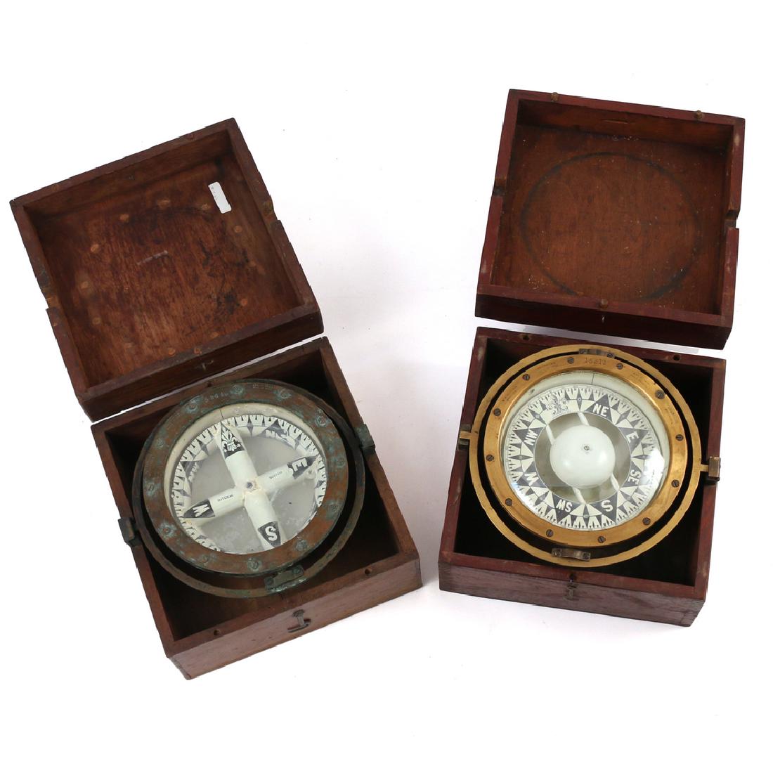 (2pc) E. S. RITCHIE SHIP'S COMPASSES: Boston, 19th/early 20th Century, including a gimbaled ship's compass and a liquid gimbaled ship's compass, both with original wood boxes h. 6-3/4 w. 11 d. 11 in. (each)