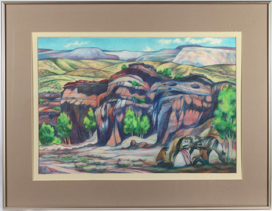 WESTERN SCHOOL PASTEL, BELEN, NEW MEXICO: Depicting three figures near horses before colorful hills, (overall 20 x 26) signed, L.L. Z", titled and sgd. Kenneth R. Zimmerman on verso h. 14 w. 19 in."