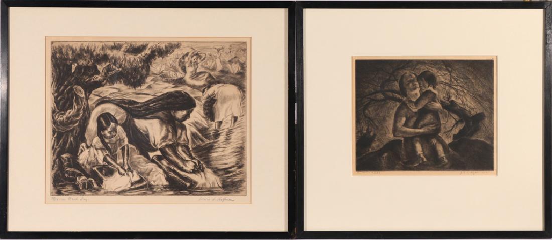 (2pc) ASSOCIATED AMERICAN ARTISTS PRINTS: including John Costigan, 'Mother and Child', etching, 7-7/8 x 9-7/8 in.; signed and titled; and Irwin D. Hoffman, 'Mexican Wash Day', etching, 10-7/8 x 13-7/8 in., signed and titled; both framed