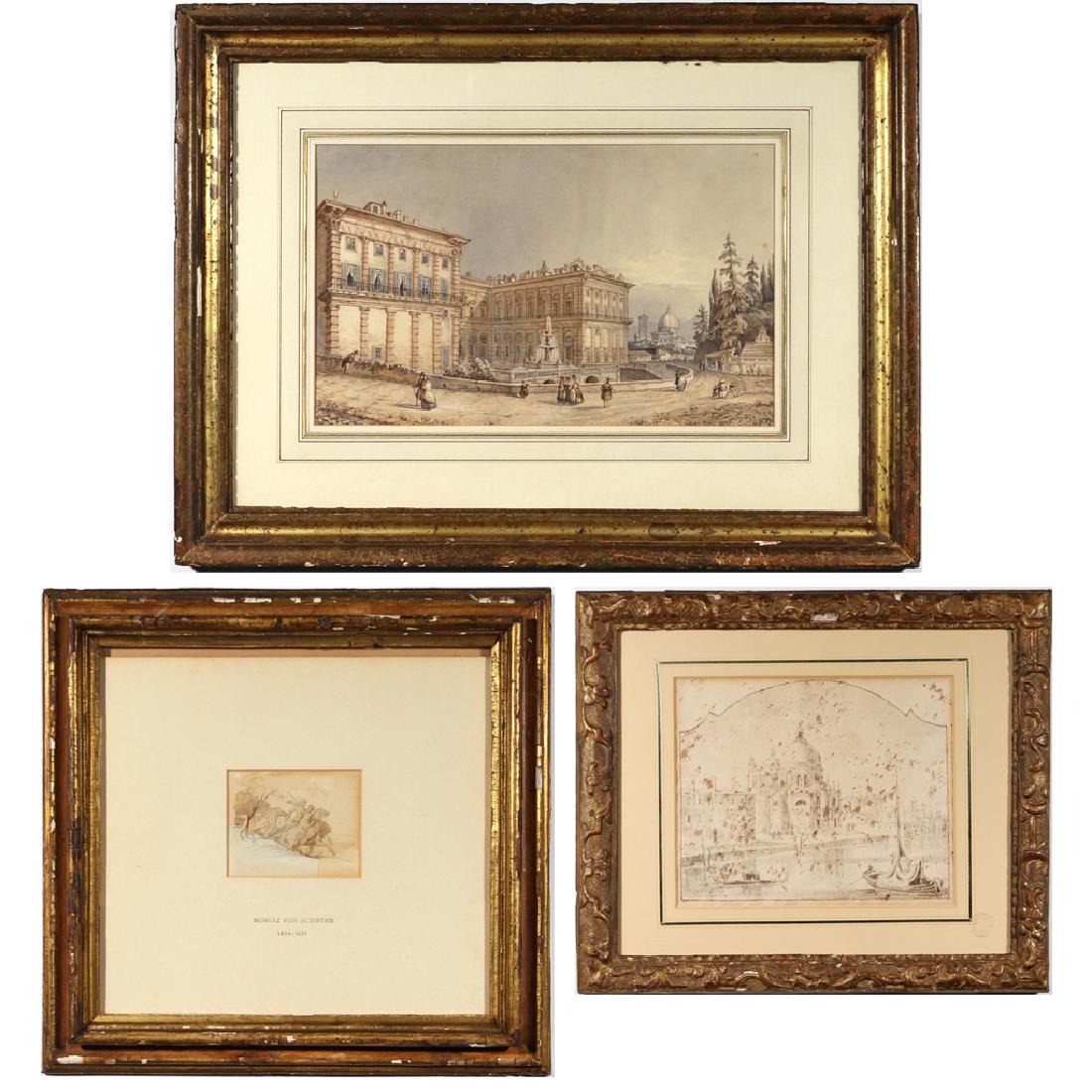 (3pc) CONTINENTAL DRAWINGS & WATERCOLORS: including: Attributed to Franz Alt (Austrian, 1821-1914), Florenz, Palazzo Pitti, watercolor on paper, 7-1/2 x 12-1/2 in. (sight), titled and dated on frame backing; Manner of Francesco Guardi (1712-1