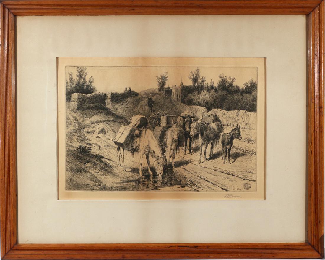 PETER MORAN (Pennsylvania, 1841-1914): Pack animals animals on the road, etching, 11-1/4 x 17-1/2 in. (sight), signed lower right, framed, Provenance: historic Scofield Dairy Farm, Pound Ridge, N.Y. same family for generations overall: 24