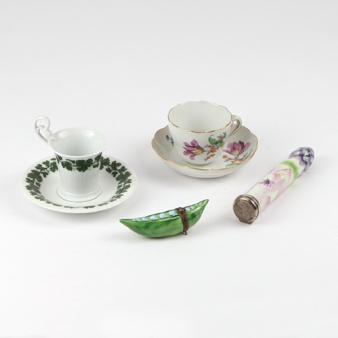 (6pc) MEISSEN & OTHER PORCELAIN: Including two misc. Meissen cups & saucers, a limoges pea pod box, and an unmarked asparagus box (l. 6 in.)