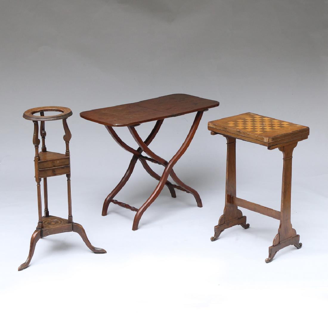 (3pc) MISC. ANTIQUE TRAY TABLES: 19th and early 20th Centuries, including an English mahogany folding table, h. 27 w. 33-3/4 d. 16-1/2 in.; an inlaid game table with swiveling top that folds out to reveal a leather backgammon table; 
