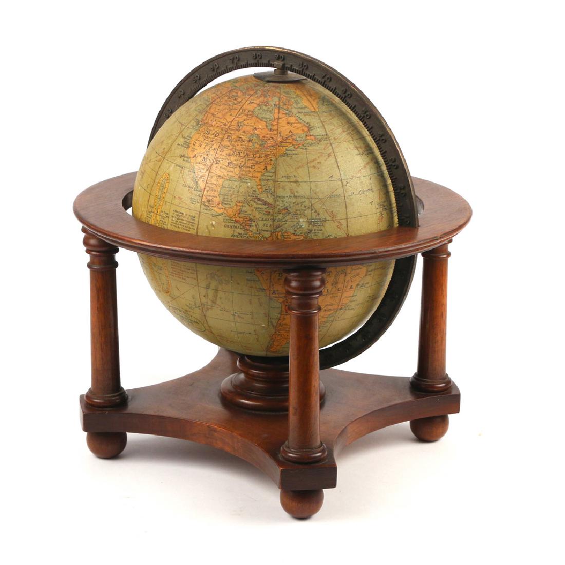 RAND MCNALLY TERRESTRIAL DESK GLOBE: mounted on stand, dia. 8 in. h. 12 in. w. 11 in.