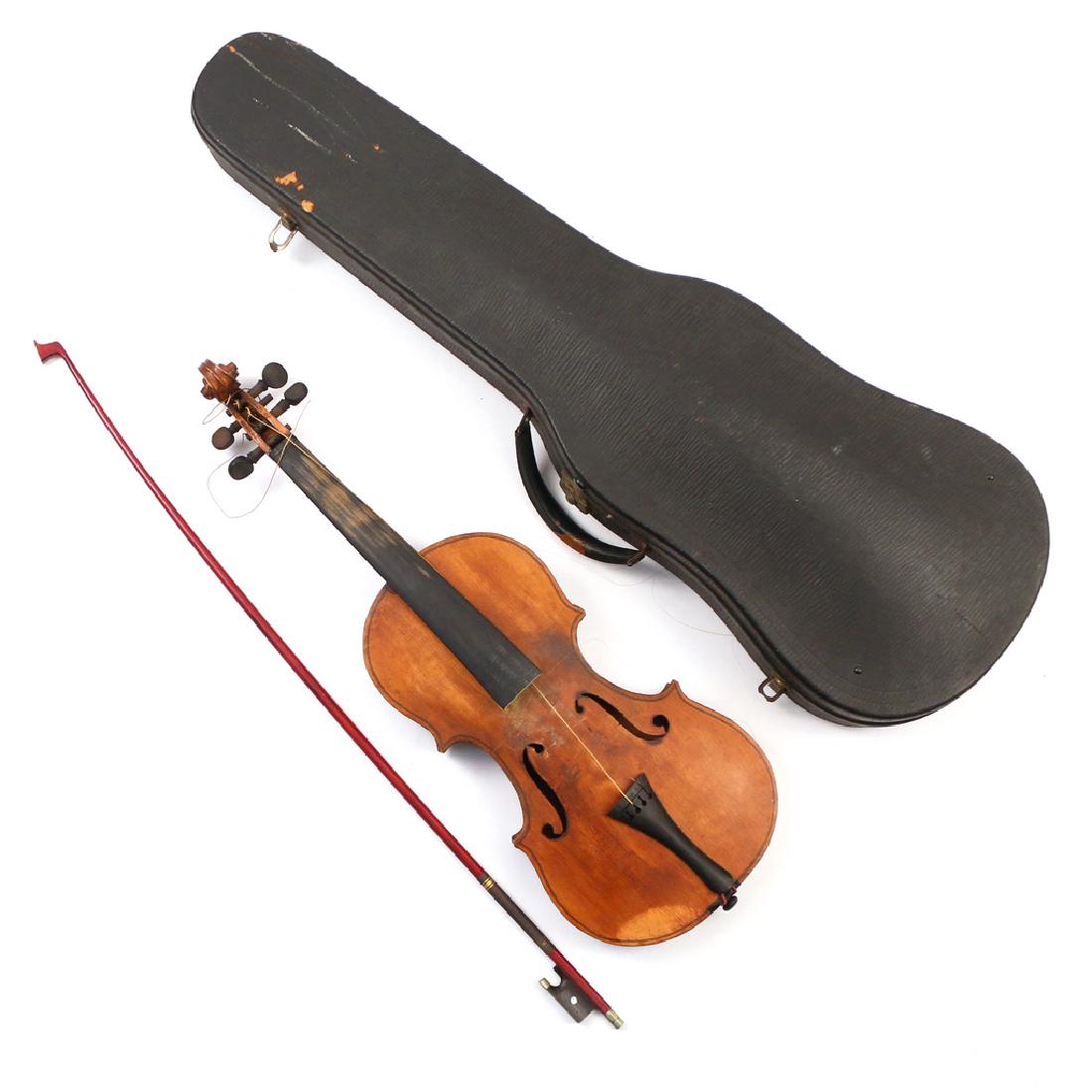 19th CENTURY VIOLIN & BOW: The violin with a figured wood back, paper label reading Adjusted by J.H. Brookson, Harrisburg, Nov 9/93", l. 24 in., with a dyed red bow with mother of pearl accents (l. 29-1/2 in.), cased, plus vari
