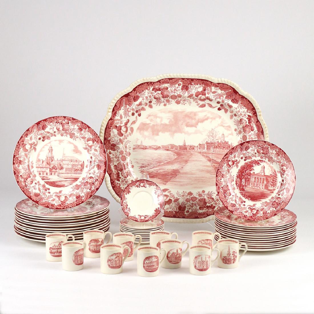 (48pc) HARVARD TRANSFERWARE SERVICE: by Wedgewood, comprised of 12 dinner plates; 13 salad plates; 11 cups with 11 saucers; and 1 platter (19-1/2 x 17 in.) Condition: 4 cups with chips; 3 saucers with chips; 2 salad plates with chips; 1 