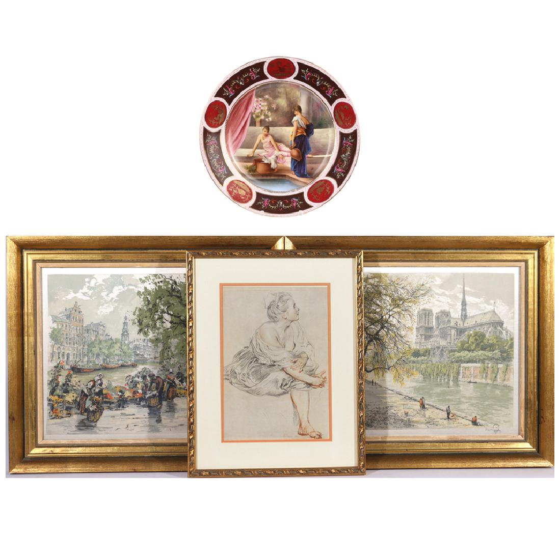 (4pc) THREE PRINTS & CABINET PLATE: 20th Century, including TWO COLORED INTAGLIO PRINTS ON FABRIC depicting Parisian street scenes, each 10-1/4 x 12-3/4 in., signed lower right indistinctly Lam__", both framed, 17-1/2 x 15 in. (overall)
