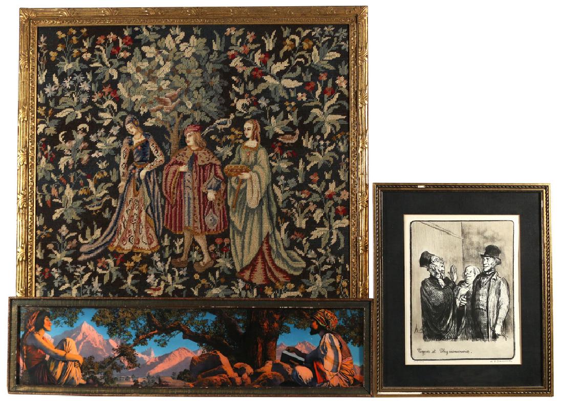 (3pc) MISC. FRAMED ITEMS: including a print after Maxfield Parrish, 'Rubaiyat'; a print after Daumier, 'Types et Physionomies', ed. 408-500; and a 20th needlepoint of a nobleman with two maidens, 32 x 29 in. (overall)