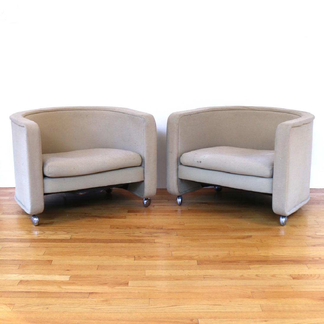 PAIR MID-CENTURY BARREL-BACK CLUB CHAIRS: probably Vladimir Kagan or Milo Baughman, with barrel backs, green felt upholstery and stainless steel casters signed â€˜Shepherd Profileâ€™, 23 x 30-1/2 x 30 in.; AUCTION IN SITU ITEMSPlease
