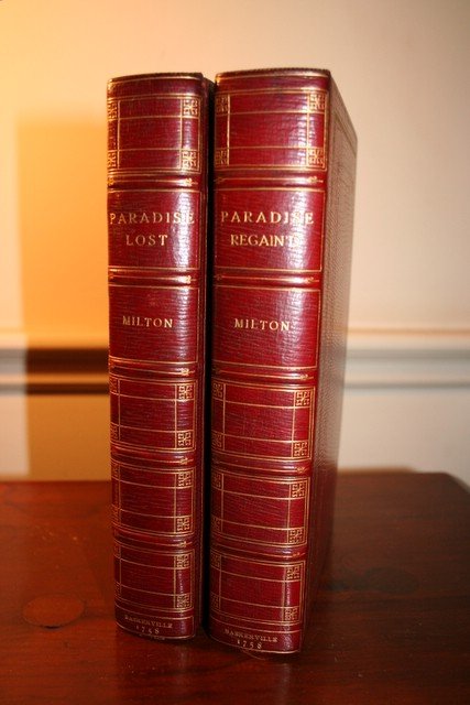JOHN MILTON-2 VOLS-PARADISE LOST & PARADISE REGAI: JOHN MILTON-2 VOLS-PARADISE LOST & PARADISE REGAINED, FULL LEATHER, BIRMINGHAM PRINTED BY JOHN BASKERVILLE FOR F. & R.TONSON IN LONDON 1758, REBOUND;