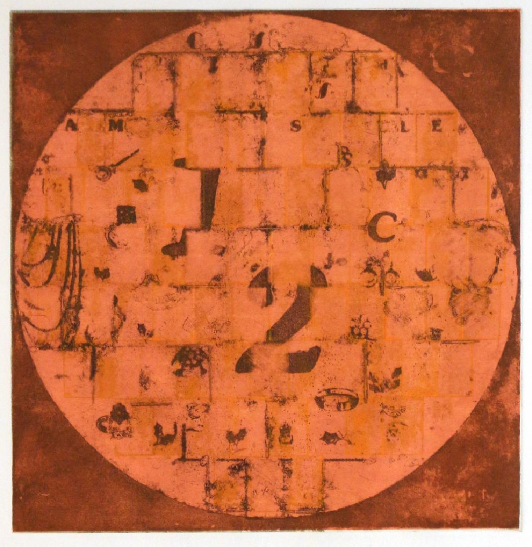 ROBERT COURTRIGHT (American, 1926-2012): 1/2 Red Circle etching in colors h. 28 w. 22 in. (sheet) A.P. II/V, 13 x 13 in. (plate), signed and numbered lower margin, framed, with letter from the artist to the former owner affixed to the back r