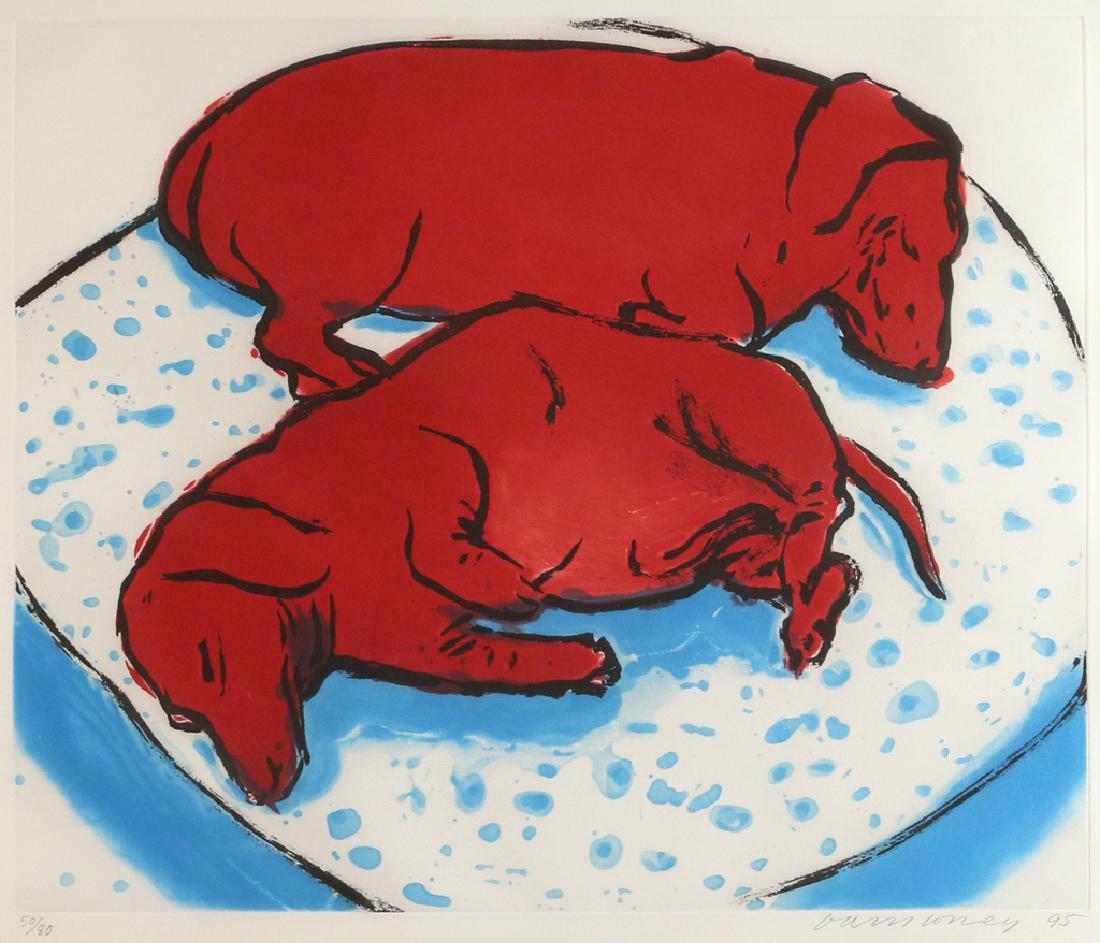 DAVID HOCKNEY (British, 1937-): Stanley and Boodgie, 1995 etching with aquatint in colors h. 15-1/4 w. 18-1/4 in. (plate) Ed. 50/80 (total edition includes 15 proofs), signed, numbered, and dated lower margin, printed by Maurice Pay