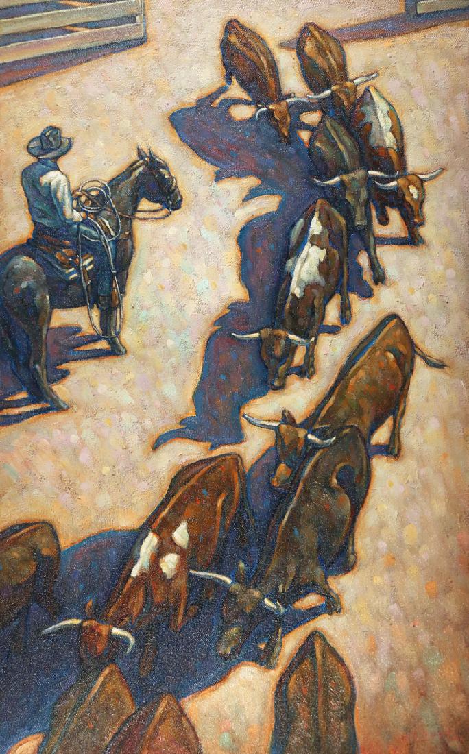 HOWARD POST (American, 1948-): Small cattle drive oil on canvas h. 32 w. 20 in. signed lower right