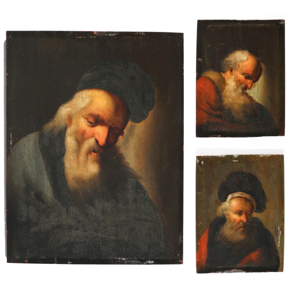 (3pc) AFTER GERRIT DOU (1613-1675): Three tronies of elderly gentlemen oil on oak panel 18th/early 19th Century, one measuring 9-3/4 x 7-1/2 in., and two measuring 5 x 3-3/4 in., each faintly signed in cursive on verso 'Gerard Dou', in