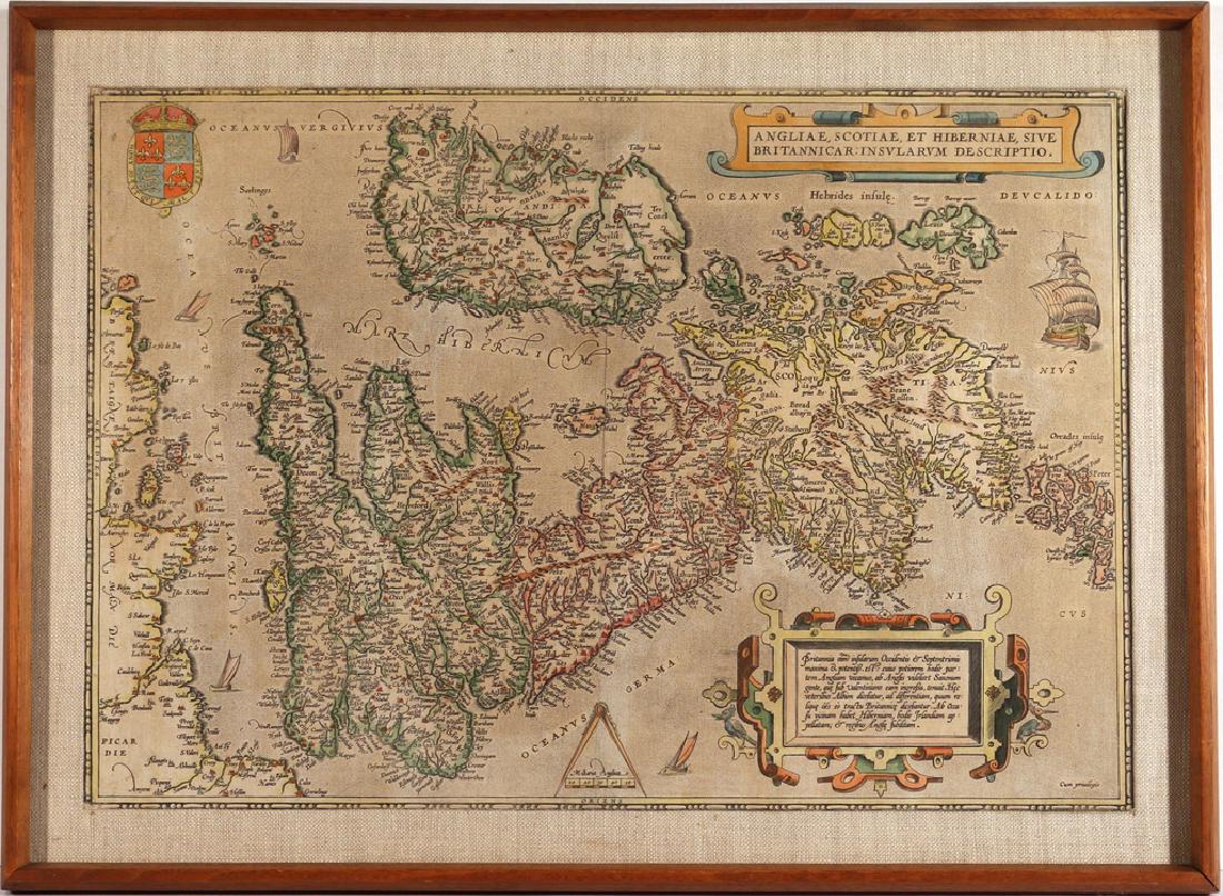 ANGLIAE, SCOTIAE, ET HIBERNIAE…: map by Abraham Ortelius, Antwerp, 1592 or later, engraving with hand-coloring, showing the United Kingdom and Ireland h. 13-1/2 w. 19-1/2 in. (sight) overall: 16-3/4 x 22-3/4in., framed