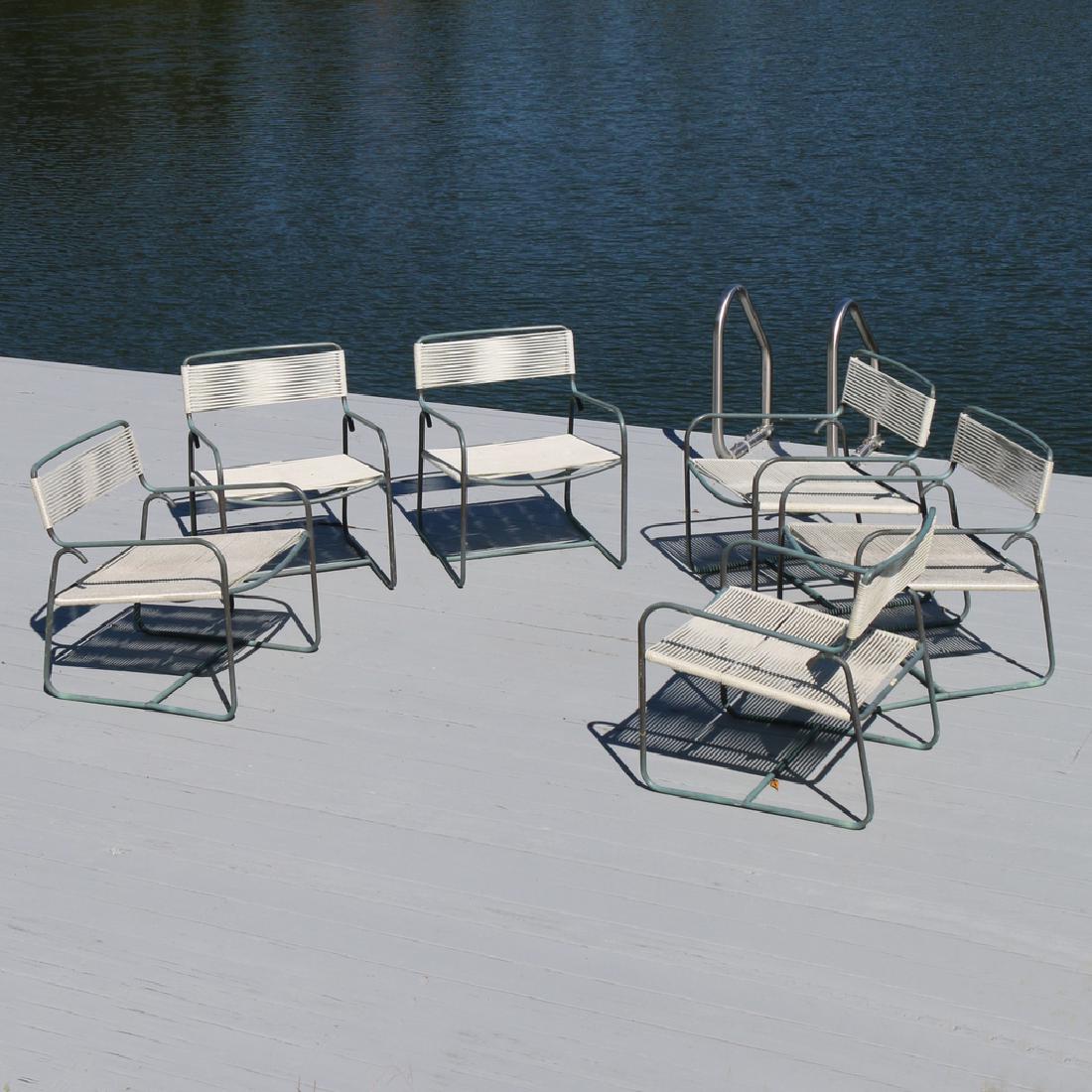 (6pc) WALTER LAMB LOUNGE CHAIRS: designed circa 1950, bronze and copper tubing with rope, manufactured by Brown-Jordan Co., model C-5700, all with original labels h. 30-1/2 w. 27 d. 23-1/2 in. Condition: excellent--rope appears to be