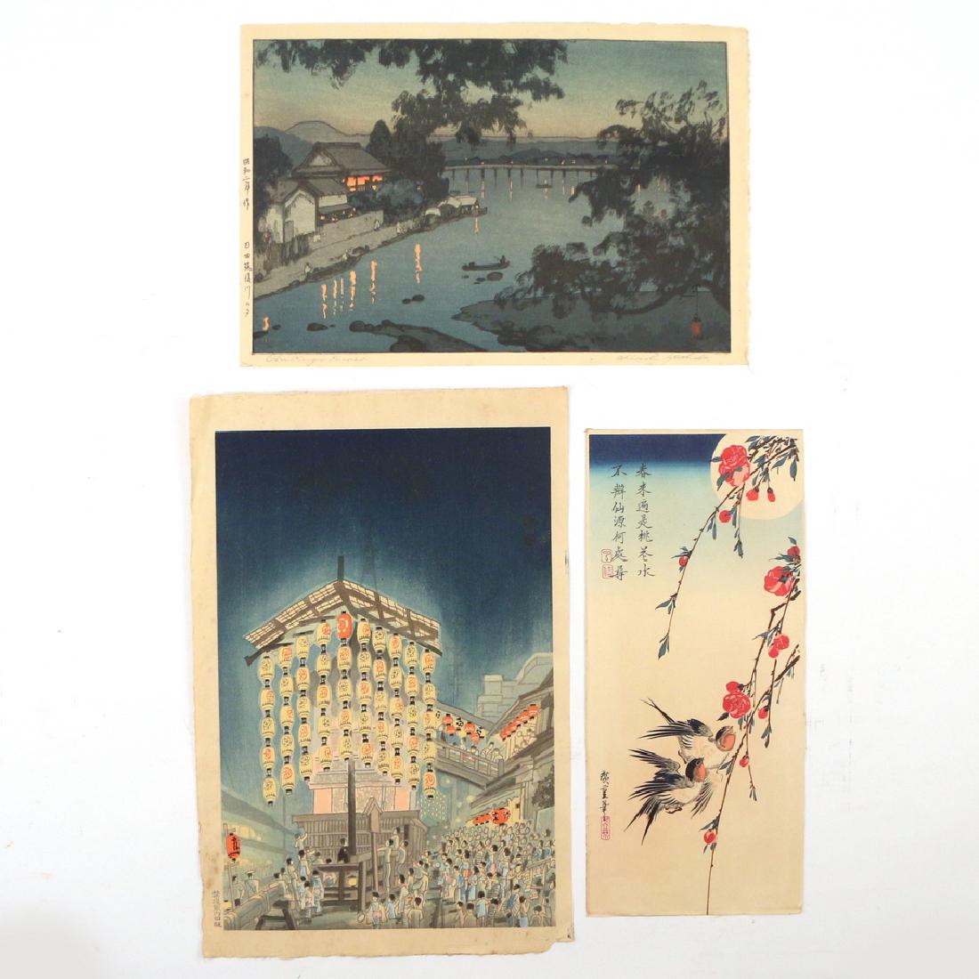 (3pc) JAPANESE WOODBLOCK PRINTS: circa 1930s, including Evening on the Chikugo River in Hida (Hida Chikugogawa no yûbe) by Hiroshi Yoshida, with stamped signature and title lower margin, 10-3/4 x 16 in. (sheet); ‘Gion Festival in 