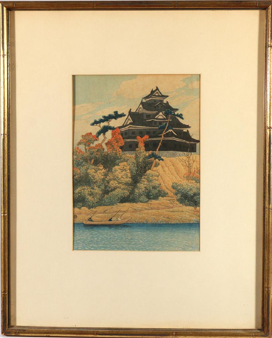 KAWASE HASUI (Japanese, 1883-1957): Okayama Castle (Okayama-jô), 1922 color woodblock print h. 11 w. 8 in. (sight) overall: 21 x 17 in. with 6mm Watanabe seal, framed Provenance: Estate of Late Hazel M. Weiner, Monroe, CT Condition: to
