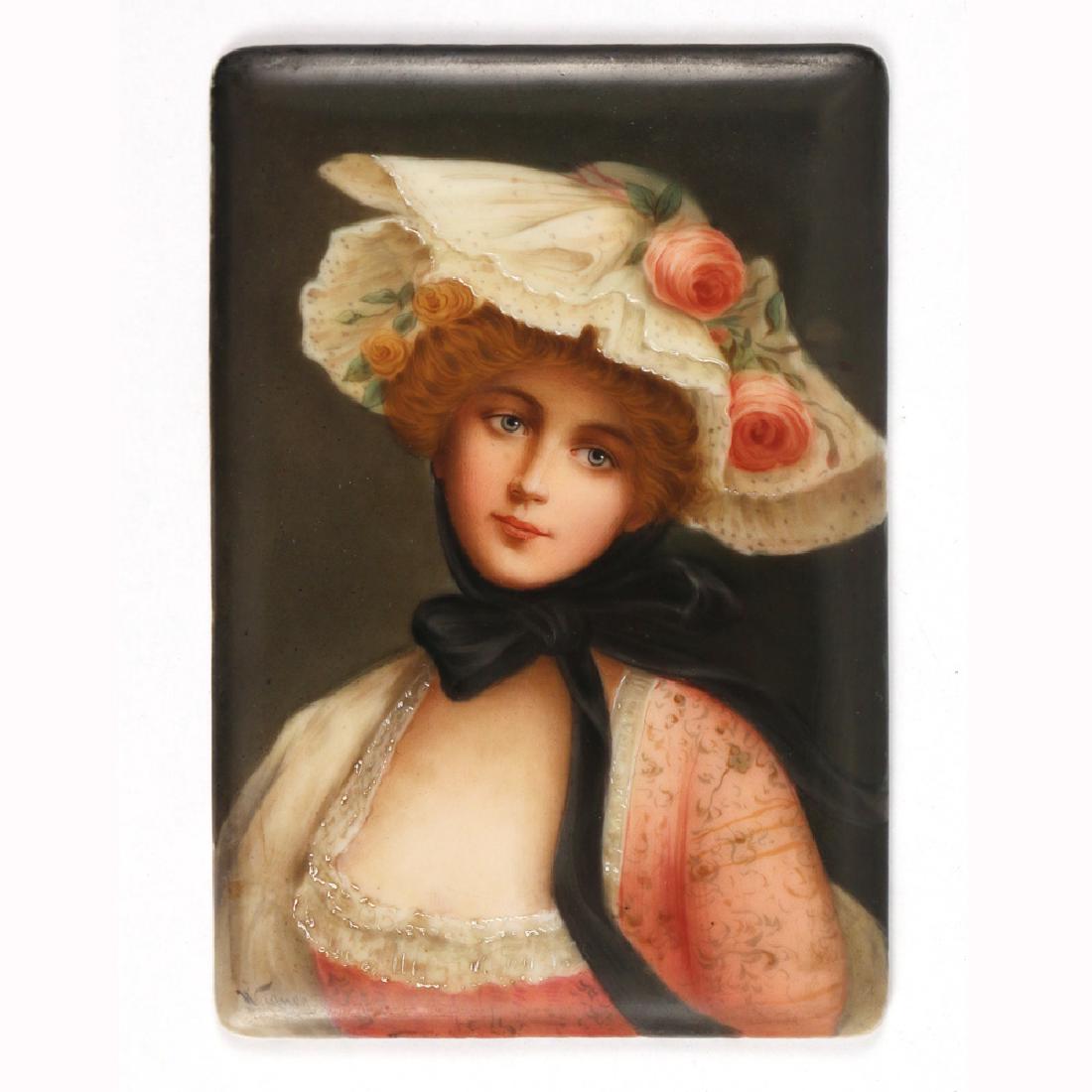 WAGNER SIGNED PORCELAIN PLAQUE: late 19th/early 20th Century, 'Queen of Roses', signed lower left, titled on verso, unframed h. 5-3/4 w. 4 in.