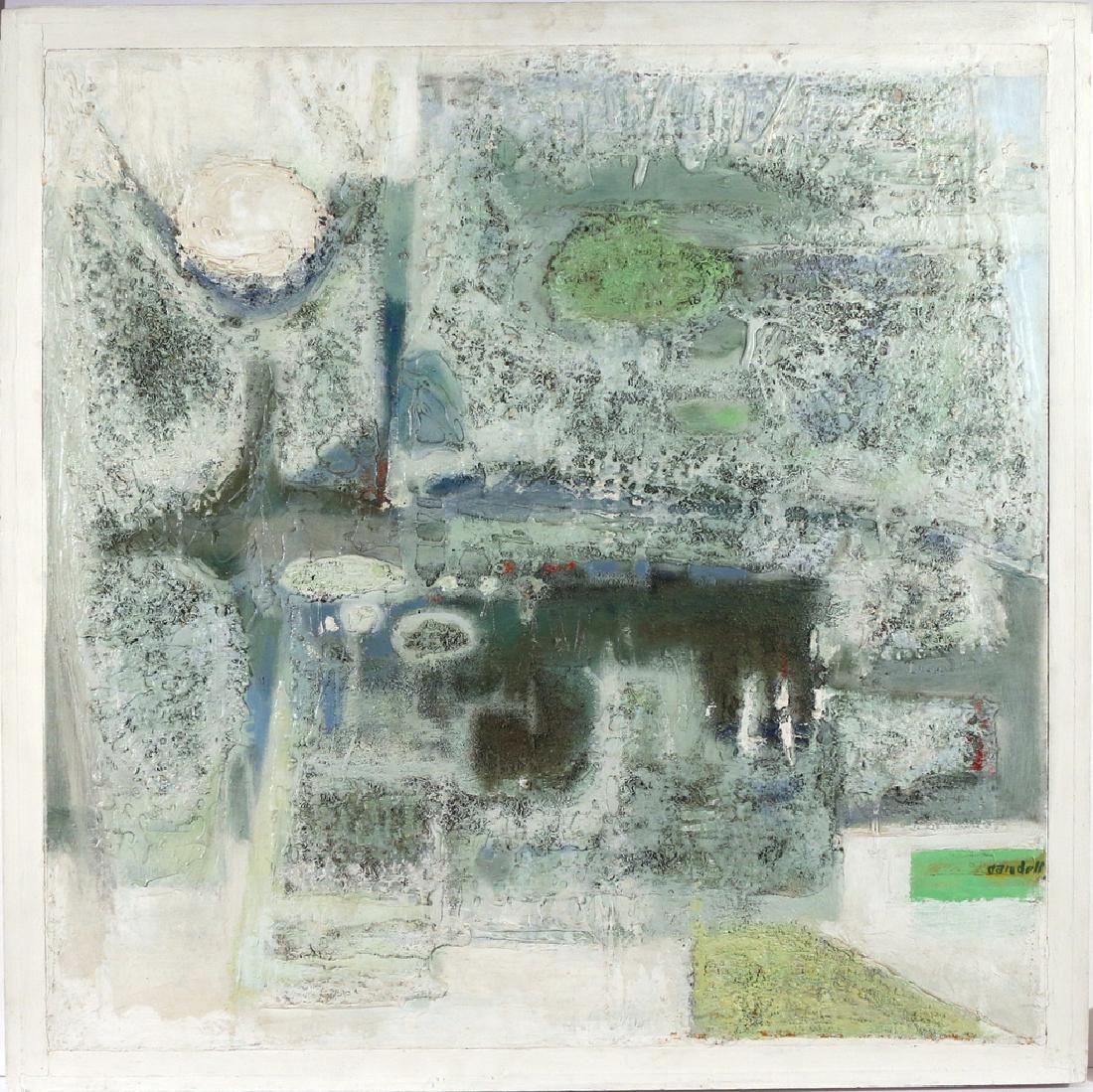 VICTOR CANDELL (American, 1903-1977): 'Green Manscape' mixed media on canvas h. 30 w. 30 in. overall: 32-1/2 x 32-1/2 in., framed signed lower right, signed and titled on verso