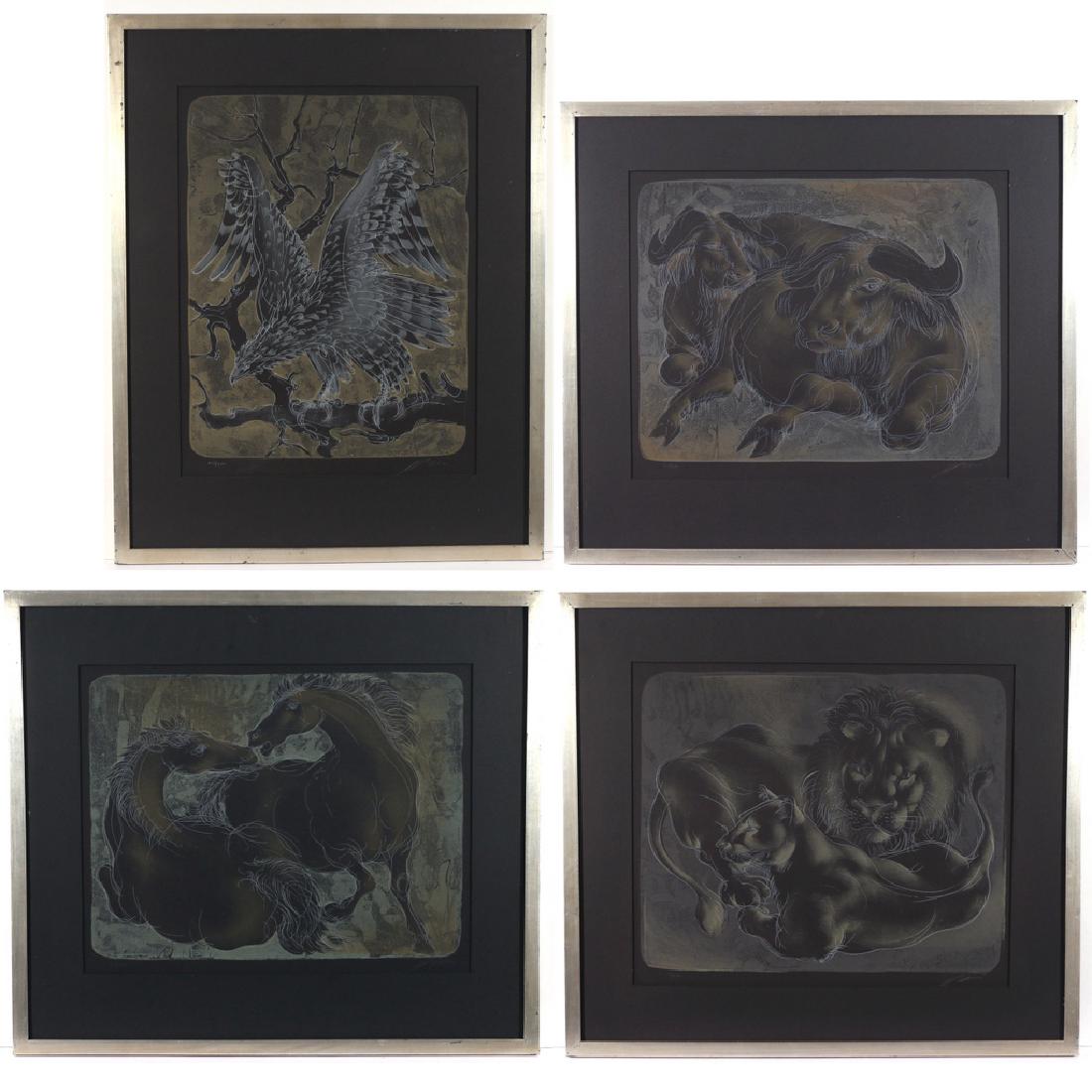 (4pc) HANS ERNI (Swiss, 1909-2015): Four lithographs of animals on black paper, all from an edition of 200, signed and numbered in pencil lower margin h. 16-1/4 w. 19-3/4 in. (sight, ea.) overall: 29 x 22-3/4 in., framed