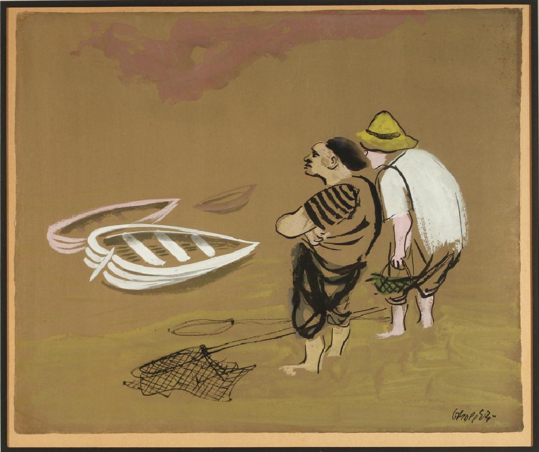 WILLIAM GROPPER (American, 1897-1977): Two fishermen mixed media on paper h. 14 w. 17 in. (sheet) overall: 22-1/4 x 25 in. signed lower right, framed Condition: sheet appears to be laid down (not examined out of frame)