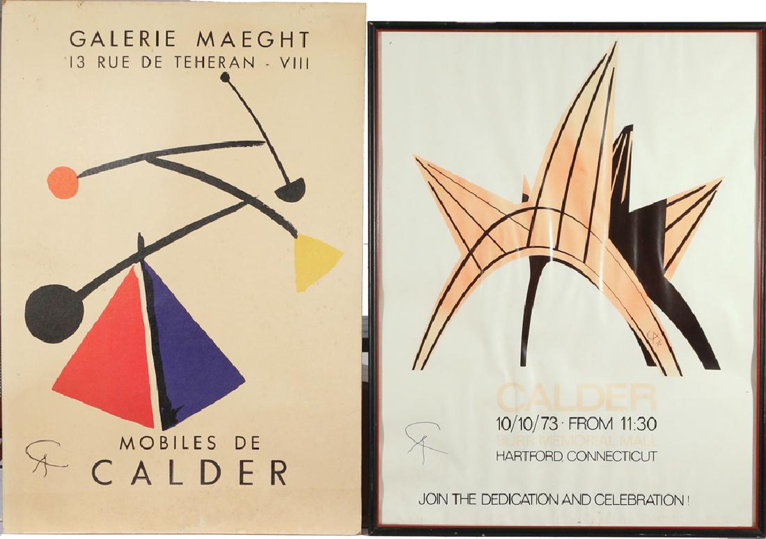 (2pc) ALEXANDER CALDER EXHIBITION POSTERS: including on Galerie Maeght Mobiles poster, color screenprint, 28 x 19 in., and one Burr Memorial Mall, Hartford, CT, 10/10/73, both signed by the artist Provenance: Estate of Late Hazel M. Weiner, Mo
