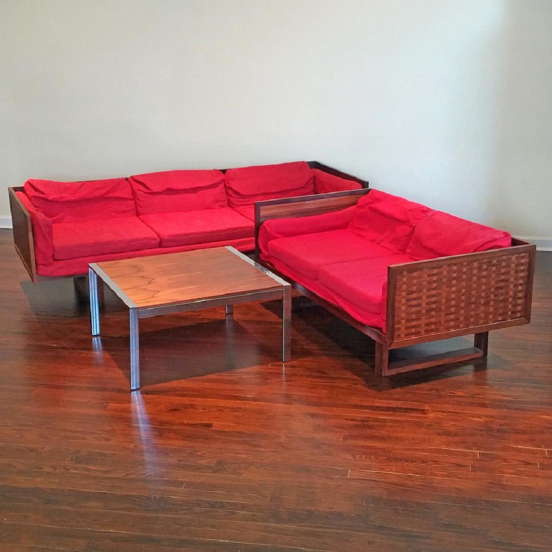 (3pc) JOHN STUART LIVINGROOM FURNITURE: including a three-cushion settee, h. 23-1/2 w. 80-1/2 d. 30 in., and a two-cushion settee, h. 23-1/2 w. 56-1/2 d. 30 in., both with faux-basketweave design on ends and backs; plus a square coffee tabl