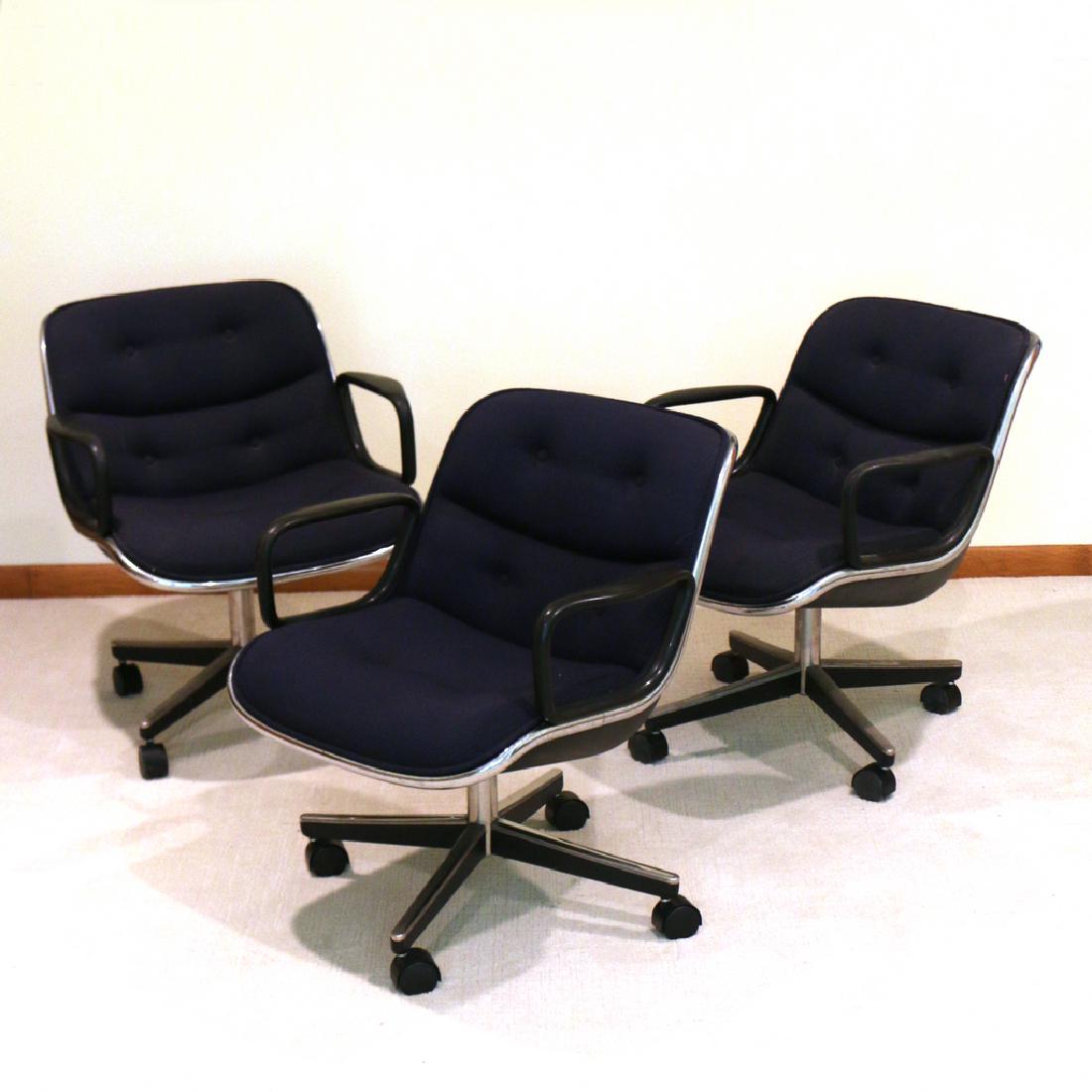 (3pc) CHARLES POLLOCK FOR KNOLL OFFICE CHAIRS: each with swivel bases, one with Knoll International label h. 30 w. 26-1/2 d. 28-1/2 in. Condition: one rather clean, the other with moderate dirt/grime