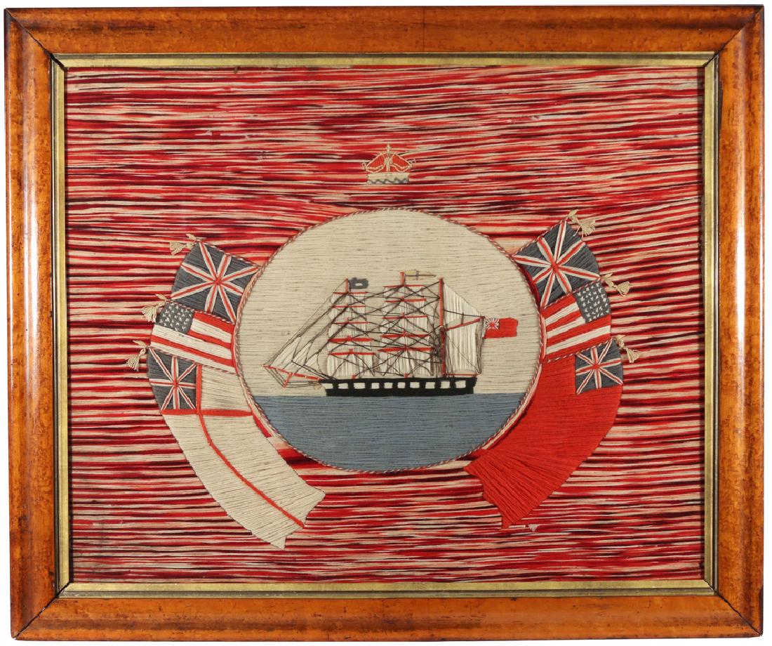 WOOLWORK PICTURE OF A BRITISH SHIP: 19th Century, the civilian sailing vessel centered in an oval and surrounded by red, black, white, and pink yarn, and surrounded by union jacks, American flags, and crested by a crown; 21 x 26 in. (si