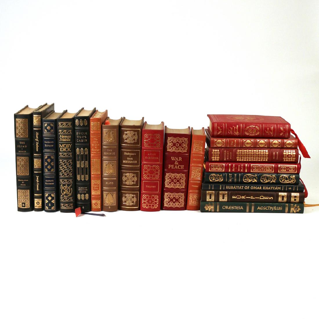 (19vols) EASTON PRESS LEATHER-BOUND BOOKS: Including; Walden by H.D. Thoreau; Pride & Prejudice by Jane Austen; War & Peace by Leo Tolstoy (some losses to first few pages); Huckleberry Finn by Mark Twain; The Iliad by Homer (Alexander Pope); T