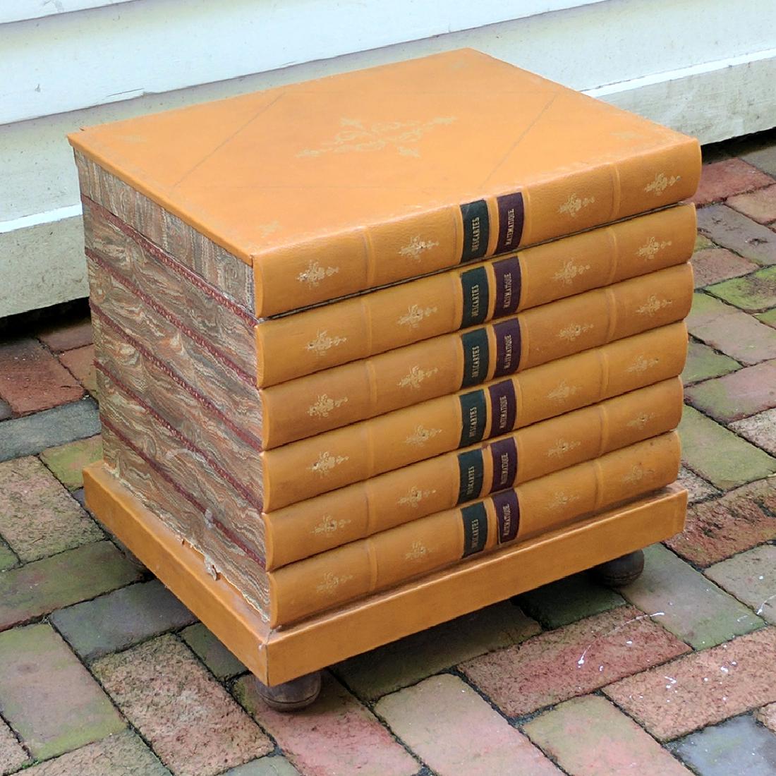 LARGE LEATHER BOOK-SHAPED SIDE TABLE: 20th Century, the lid opening to reveal a storage compartment