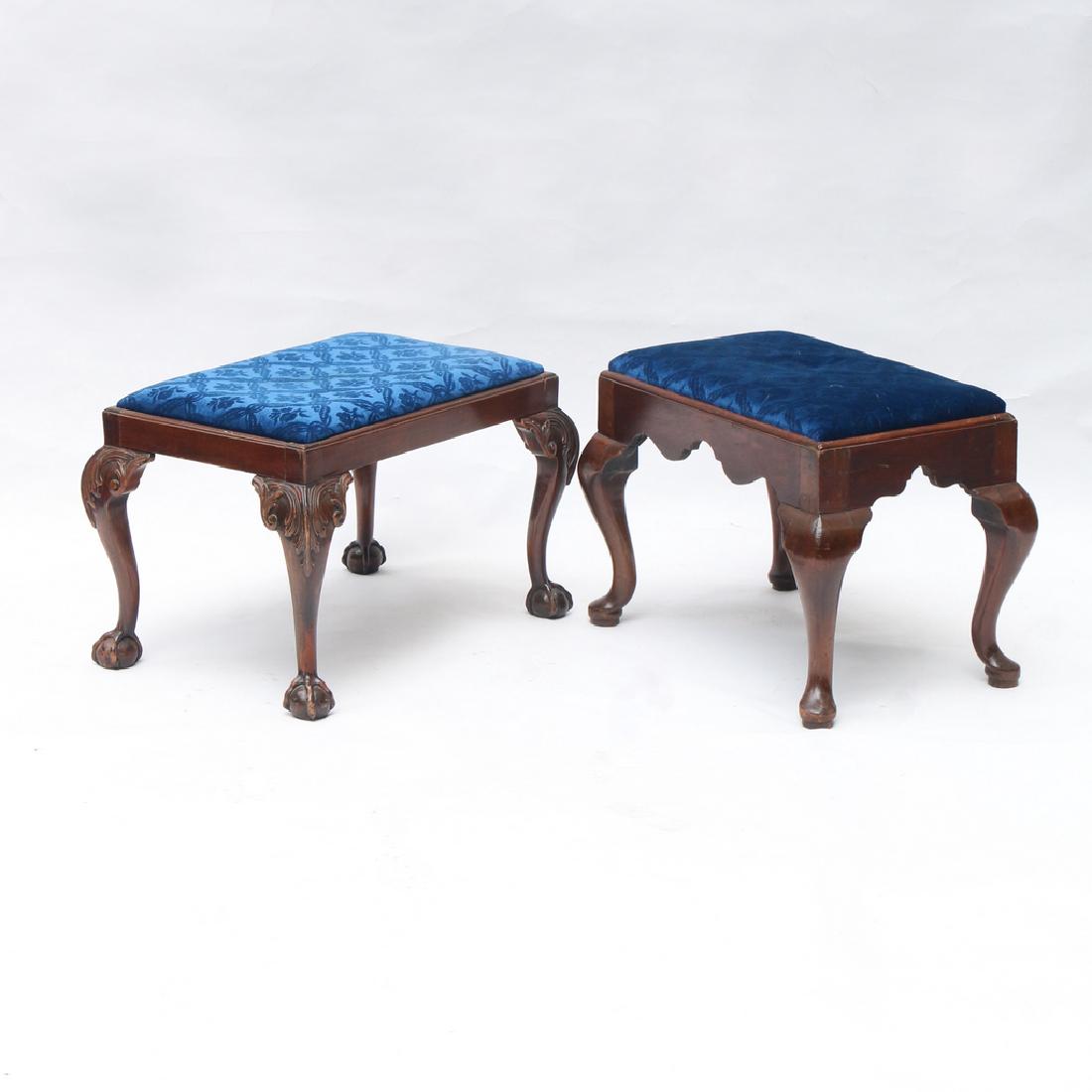 (2pc) ANTIQUE MAHOGANY FOOTSTOOLS: One Queen Anne mounted on cabriole legs ending in pad feet; plus a carved Chippendale-style stool with ball & claw feet h. 20 w. 27 d. 18