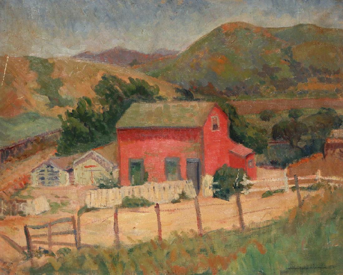 JUDITH CHAMBERLAIN (American, 1893-): Carmel Valley oil on canvas h. 16 w. 20 (paint) rolled without stretcher, old exhibition label not attached Born 1893 in San Francisco, CA, Judith Chamberlain was a pupil of Max Weber, she was exhibit