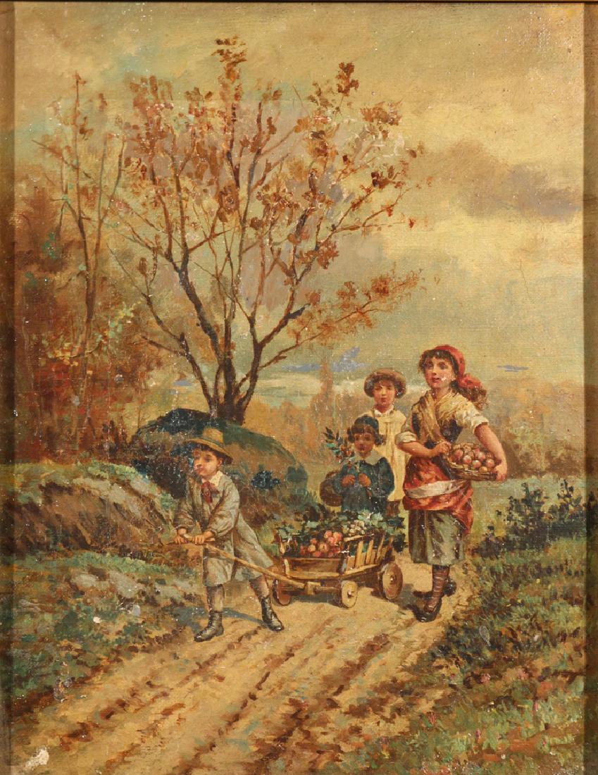 CONTINENTAL SCHOOL GENRE SCENE, late 19th Century: Children on the road oil on canvas h. 10 w. 8 in. overall: 17 x 15 in. no apparent signature, original gilt frame Condition: UV reveals moderate retouches mostly to tree in background