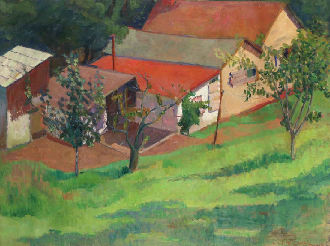 JUDITH CHAMBERLAIN (American, 1893-): Structures in a Field oil on canvas h. 30 w. 40 in. (paint) rolled without stretcher Born 1893 in San Francisco, CA, Judith Chamberlain was a pupil of Max Weber, she was exhibited at the San Francisco