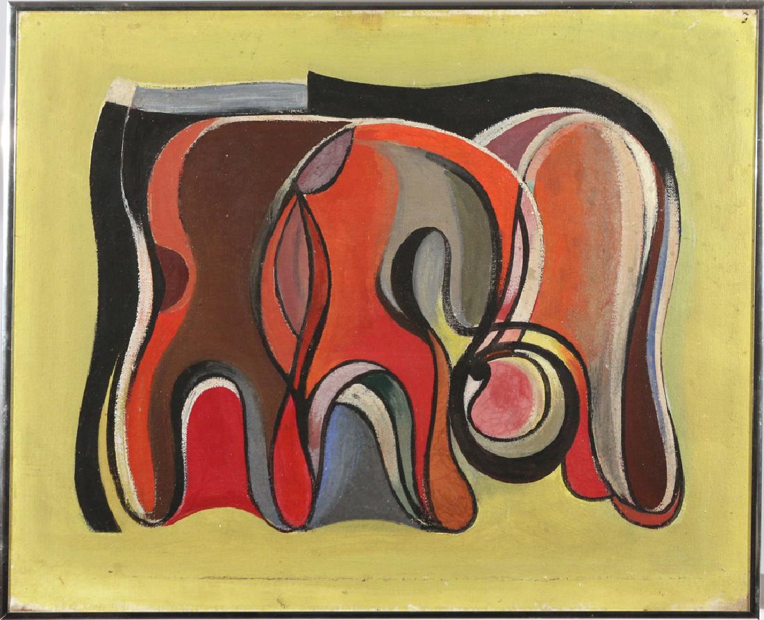 SAM WEINER (American, b.1914?): Composition on yellow oil on canvas h. 18 w. 22 in. initaled on verso 'S.W' with name and address: 125 Catherine St., Bridgeport, CT, in contemporary frame Provenance: Estate of Late Hazel M. Weiner, 