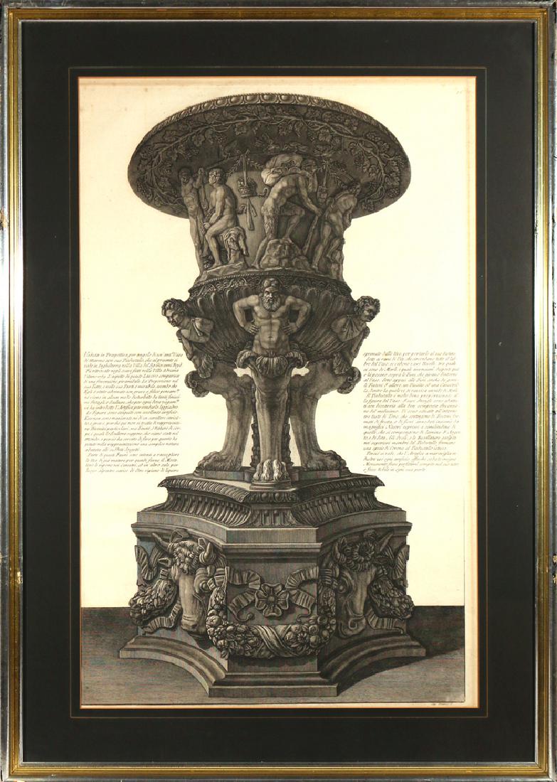 (3pc) GIOVANNI BATTISTA PIRANESI ENGRAVINGS: Including; AL SIG. GIOVANNI PEACHEY... showing a Greek revival figural urn (22 x 16 in., sight); VEDUTA IN PROSPETTIVA DE ANGELO... showing a fluted urn decorated with mythological creatures (28-1/2 x